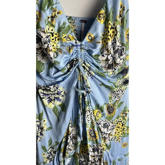 Free People Happy Heart Baby Blue Floral Ruched Mini Dress Size XS Stretch Smock - Picture 6 of 10